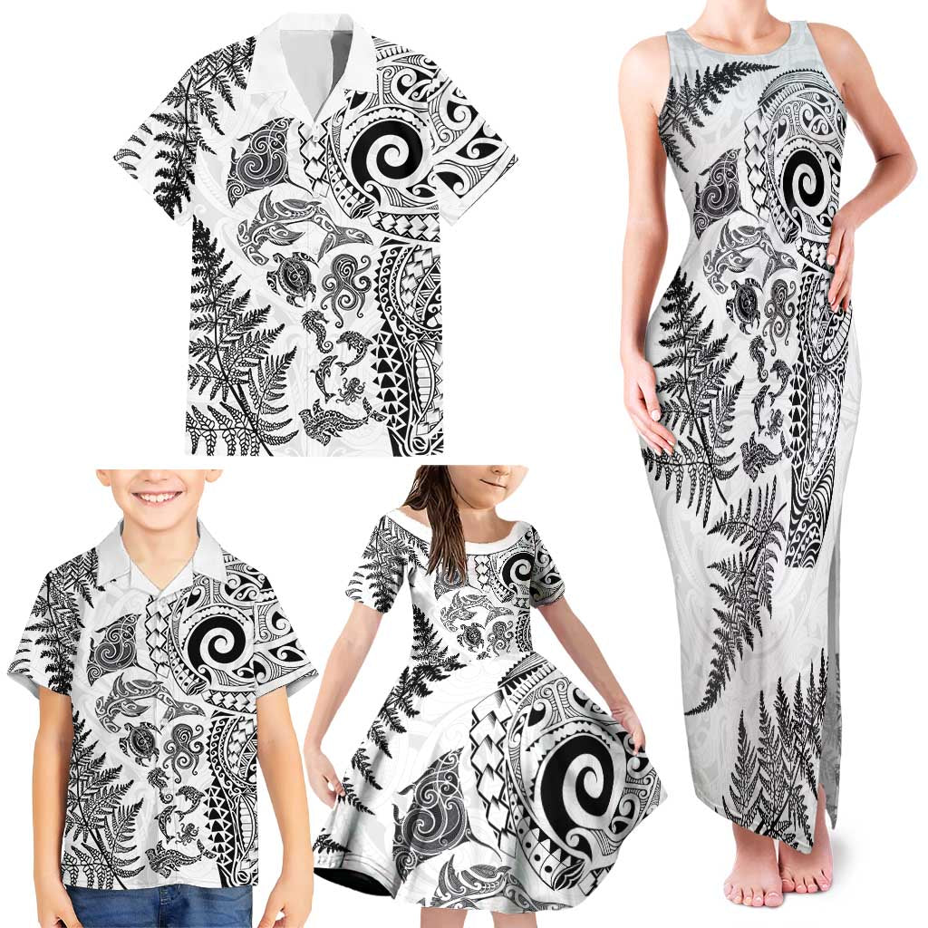 New Zealand Sea Animals Family Matching Tank Maxi Dress and Hawaiian Shirt with Maori Koru Tribal Tattoo and Silver Ferns White Color LT03 - Polynesian Pride