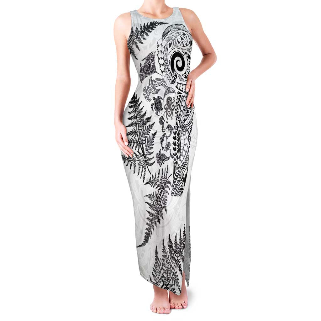 New Zealand Sea Animals Family Matching Tank Maxi Dress and Hawaiian Shirt with Maori Koru Tribal Tattoo and Silver Ferns White Color