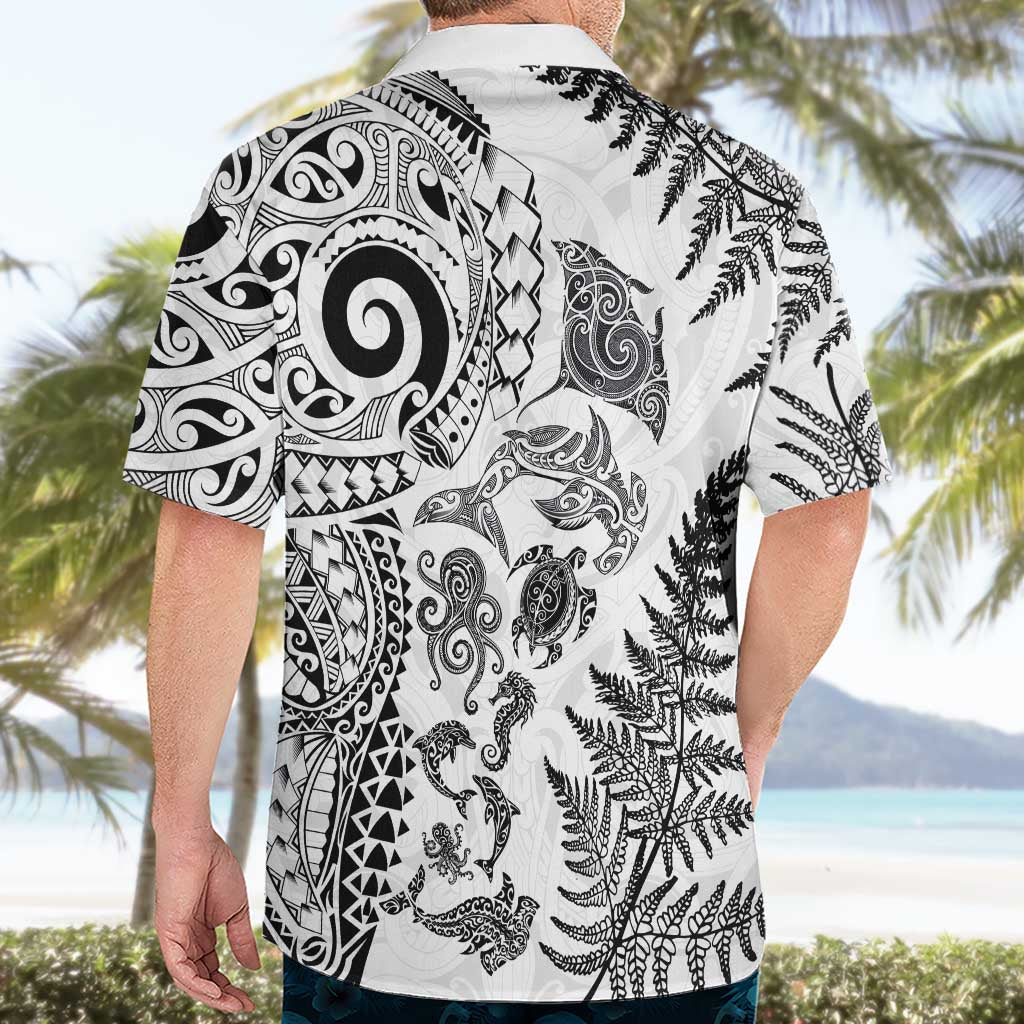 New Zealand Sea Animals Hawaiian Shirt with Maori Koru Tribal Tattoo and Silver Ferns White Color