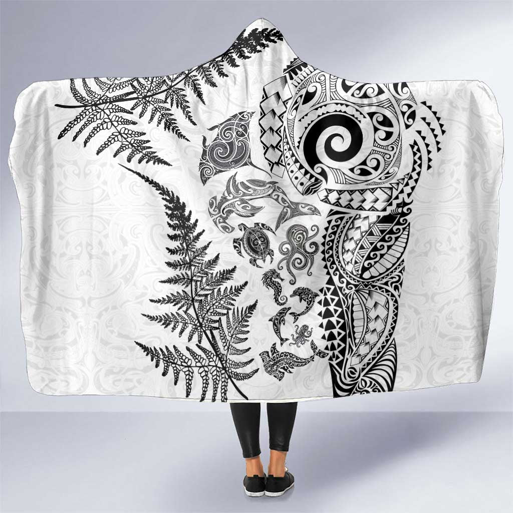 New Zealand Sea Animals Hooded Blanket with Maori Koru Tribal Tattoo and Silver Ferns White Color
