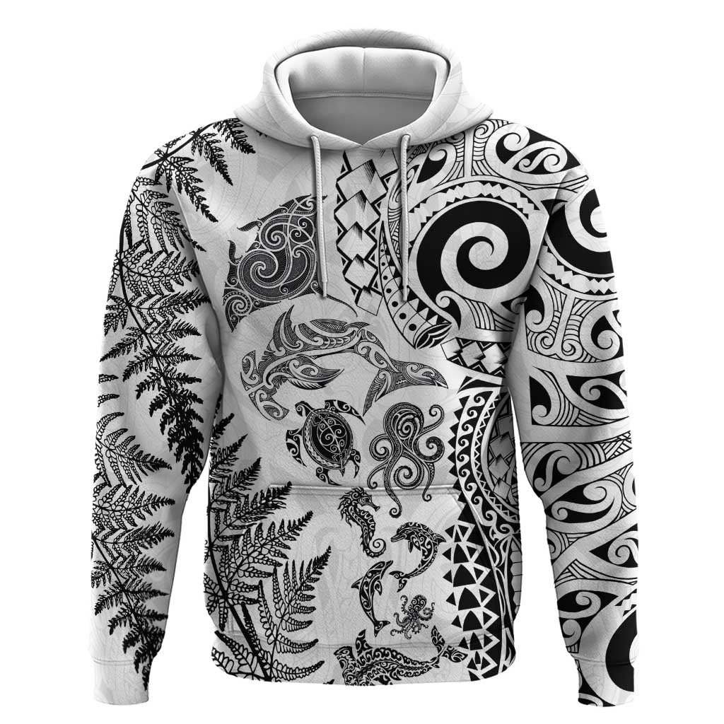 New Zealand Sea Animals Hoodie with Maori Koru Tribal Tattoo and Silver Ferns White Color