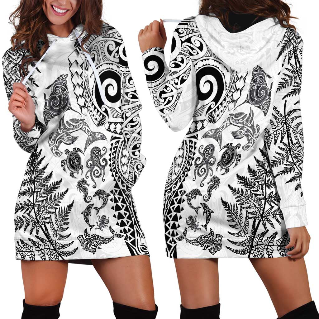 New Zealand Sea Animals Hoodie Dress with Maori Koru Tribal Tattoo and Silver Ferns White Color