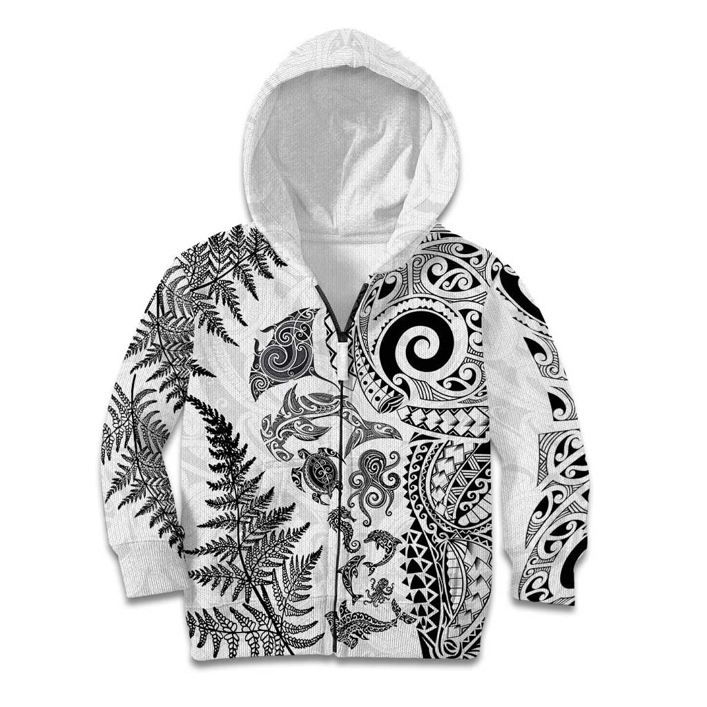 New Zealand Sea Animals Kid Hoodie with Maori Koru Tribal Tattoo and Silver Ferns White Color