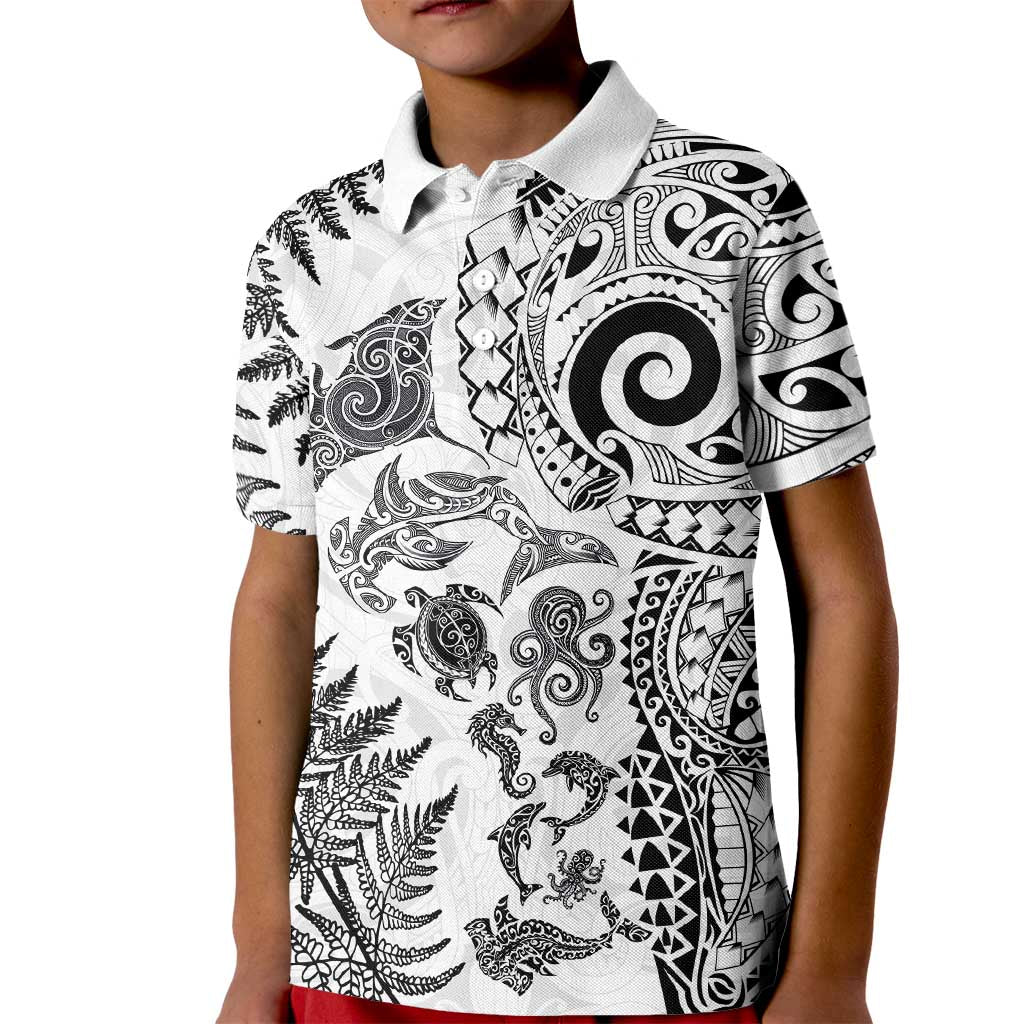 New Zealand Sea Animals Kid Polo Shirt with Maori Koru Tribal Tattoo and Silver Ferns White Color