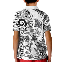 New Zealand Sea Animals Kid Polo Shirt with Maori Koru Tribal Tattoo and Silver Ferns White Color