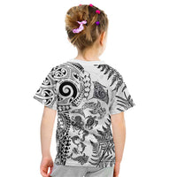 New Zealand Sea Animals Kid T Shirt with Maori Koru Tribal Tattoo and Silver Ferns White Color