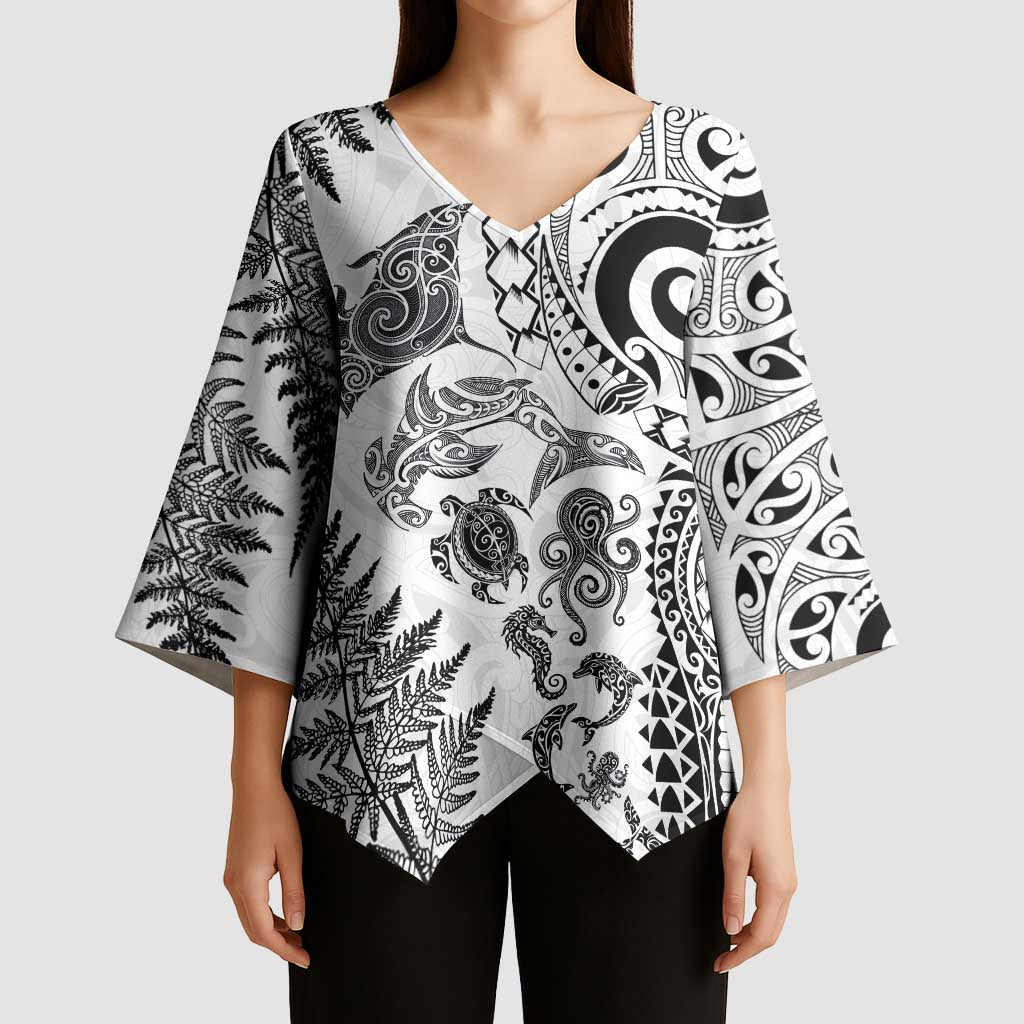 New Zealand Sea Animals Kimono Sleeve Blouse with Maori Koru Tribal Tattoo and Silver Ferns White Color