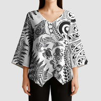 New Zealand Sea Animals Kimono Sleeve Blouse with Maori Koru Tribal Tattoo and Silver Ferns White Color