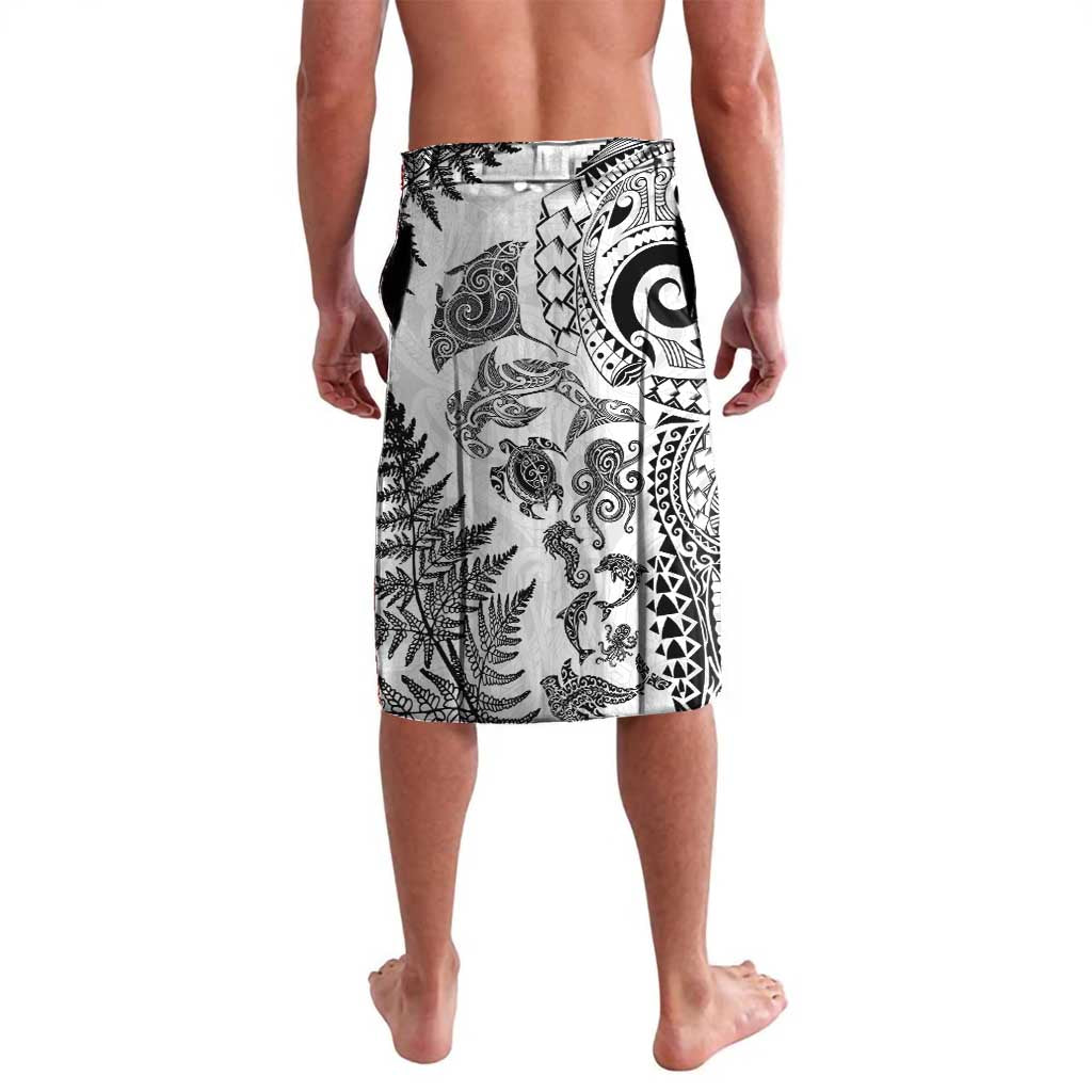 New Zealand Sea Animals Lavalava with Maori Koru Tribal Tattoo and Silver Ferns White Color