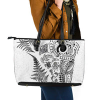 New Zealand Sea Animals Leather Tote Bag with Maori Koru Tribal Tattoo and Silver Ferns White Color