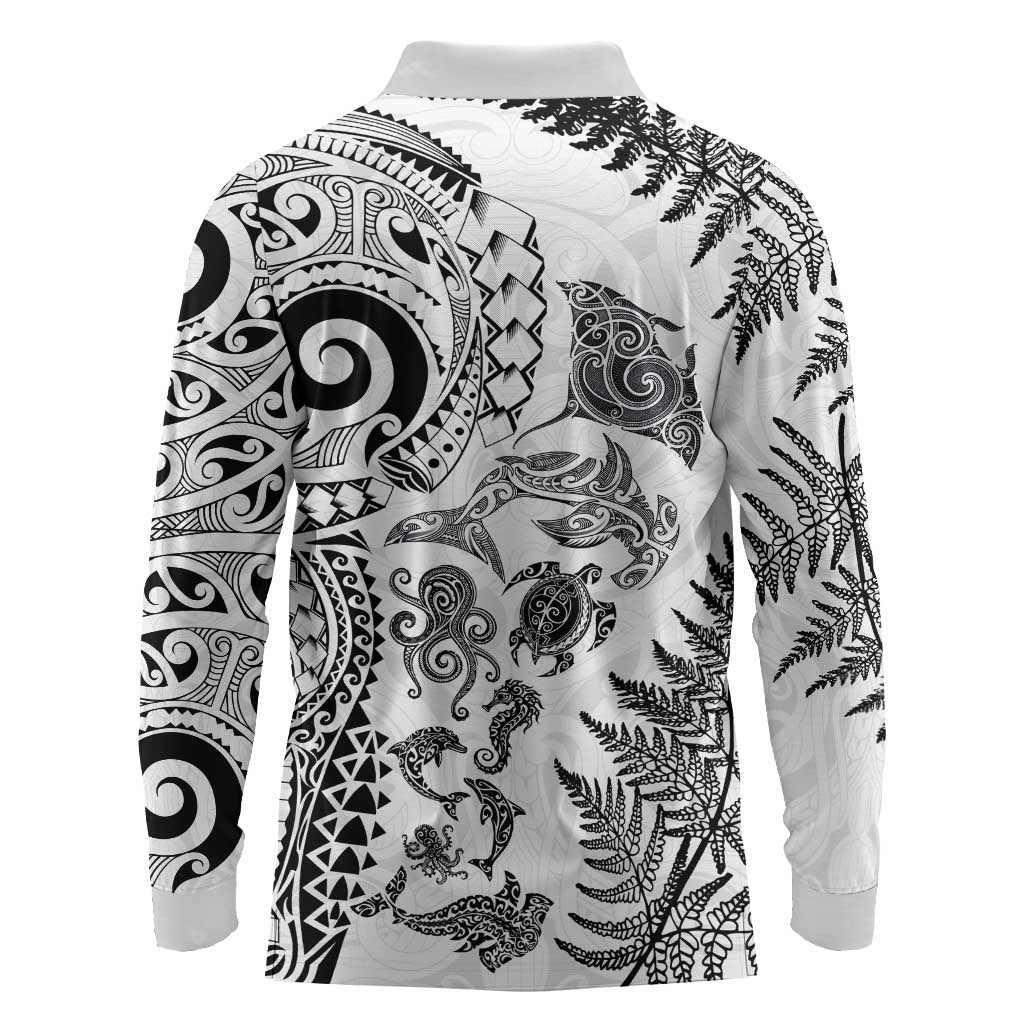 New Zealand Sea Animals Long Sleeve Polo Shirt with Maori Koru Tribal Tattoo and Silver Ferns White Color