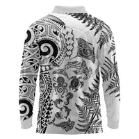 New Zealand Sea Animals Long Sleeve Polo Shirt with Maori Koru Tribal Tattoo and Silver Ferns White Color