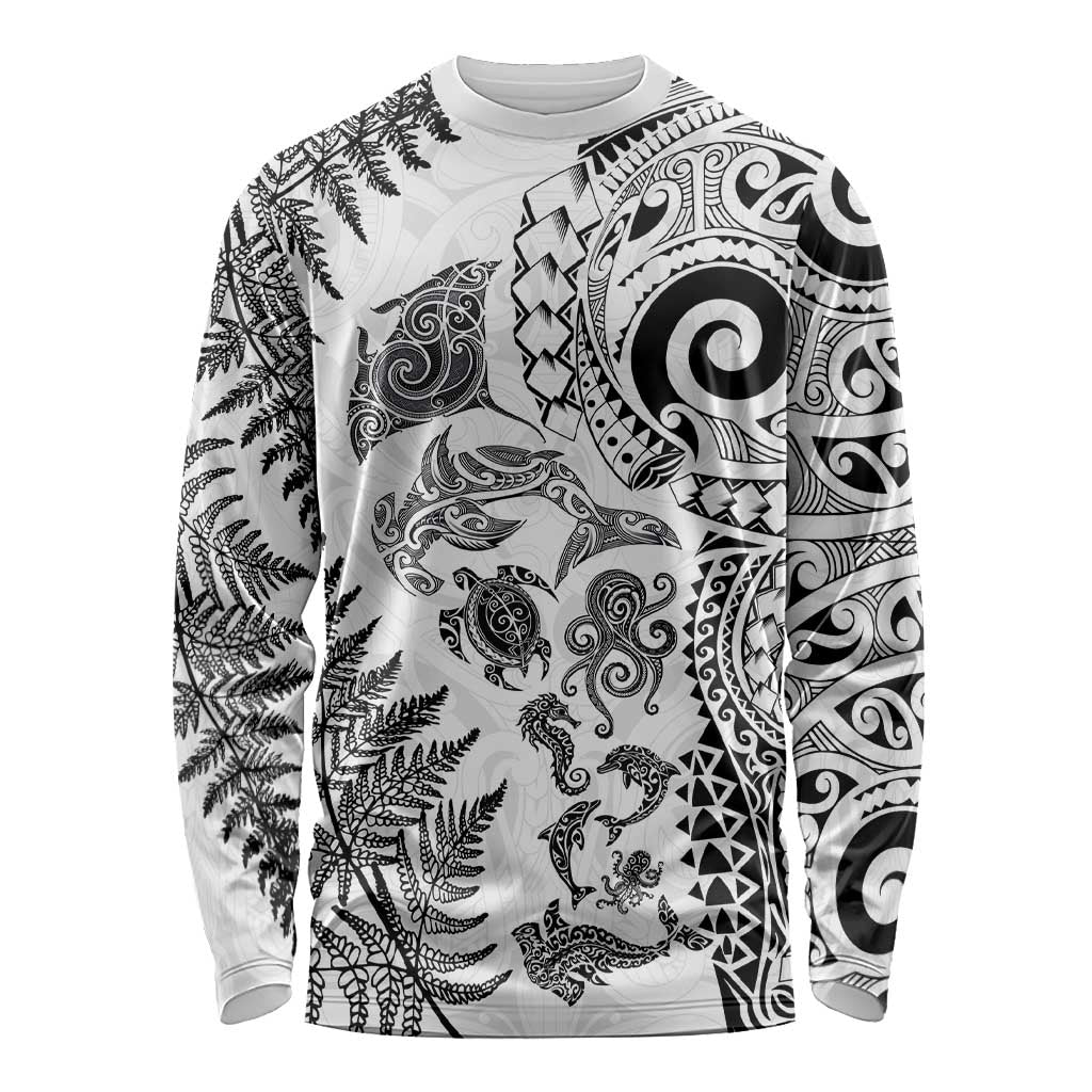 New Zealand Sea Animals Long Sleeve Shirt with Maori Koru Tribal Tattoo and Silver Ferns White Color LT03 Unisex White - Polynesian Pride