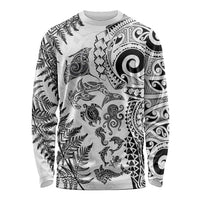 New Zealand Sea Animals Long Sleeve Shirt with Maori Koru Tribal Tattoo and Silver Ferns White Color