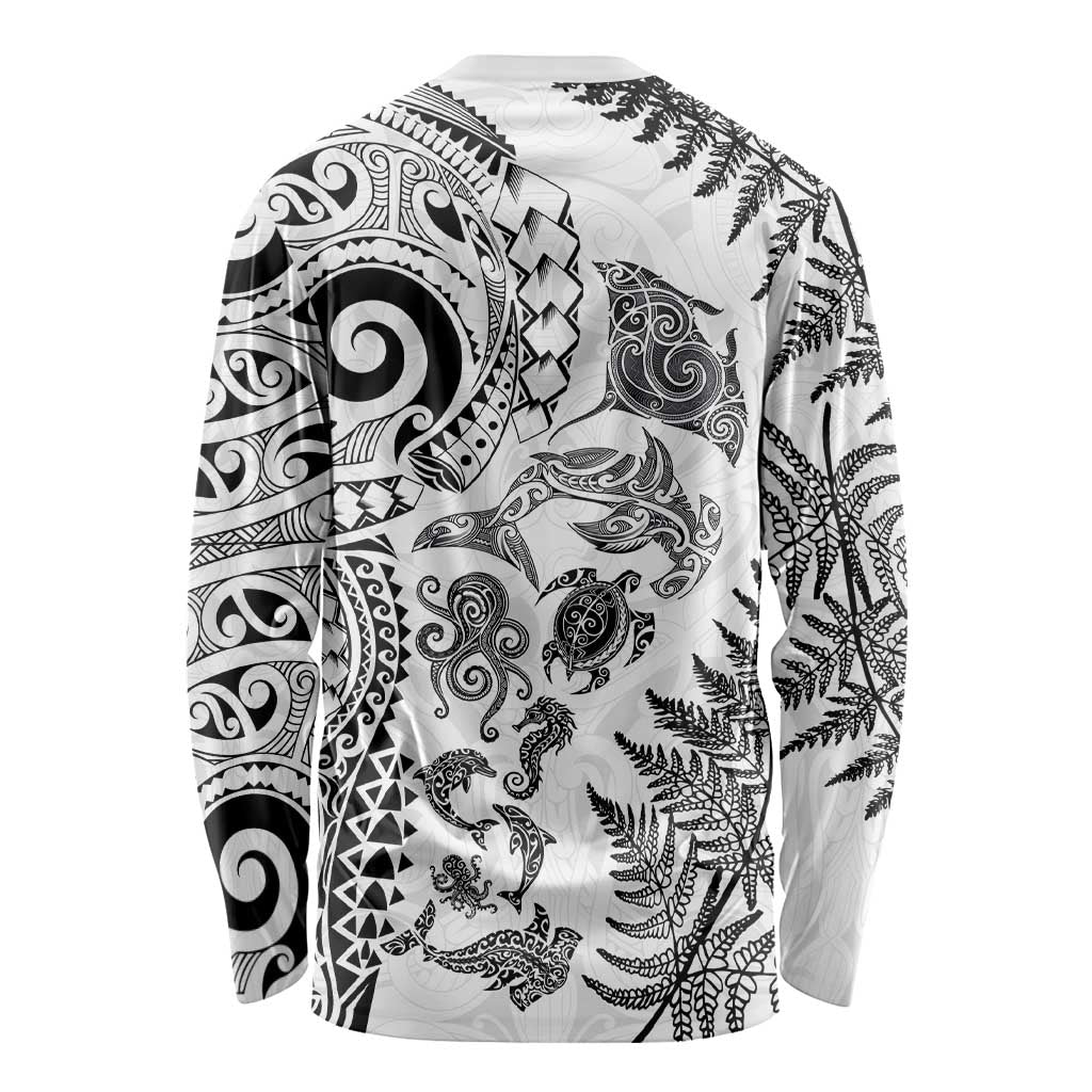 New Zealand Sea Animals Long Sleeve Shirt with Maori Koru Tribal Tattoo and Silver Ferns White Color