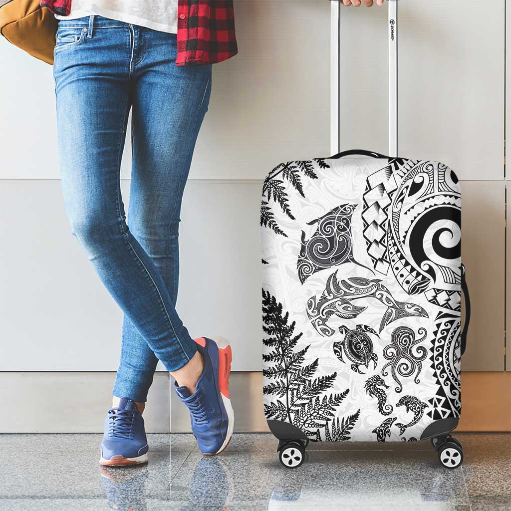 New Zealand Sea Animals Luggage Cover with Maori Koru Tribal Tattoo and Silver Ferns White Color