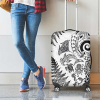 New Zealand Sea Animals Luggage Cover with Maori Koru Tribal Tattoo and Silver Ferns White Color