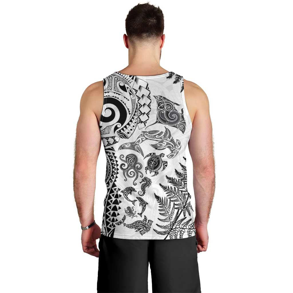 New Zealand Sea Animals Men Tank Top with Maori Koru Tribal Tattoo and Silver Ferns White Color