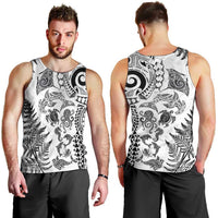 New Zealand Sea Animals Men Tank Top with Maori Koru Tribal Tattoo and Silver Ferns White Color