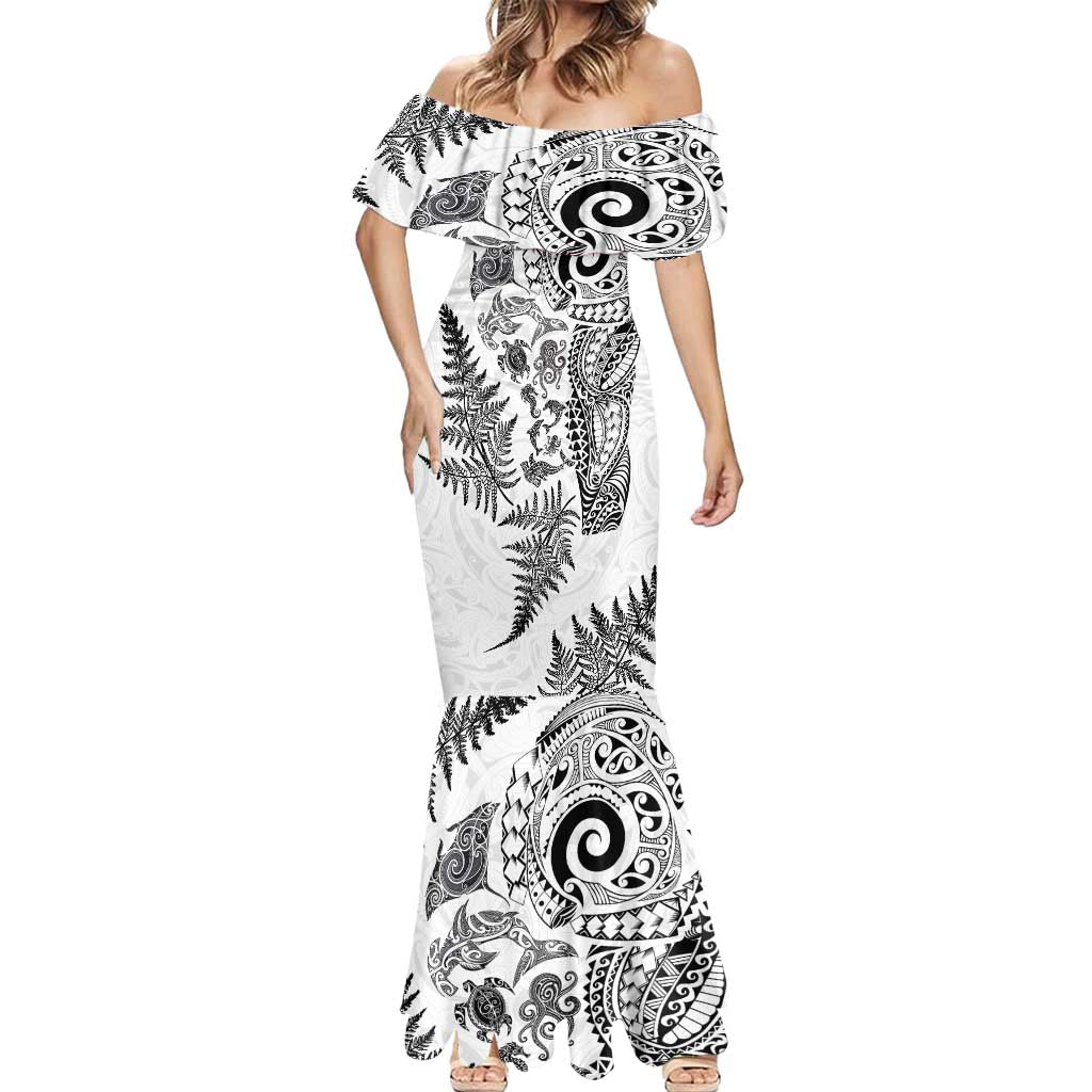 New Zealand Sea Animals Mermaid Dress with Maori Koru Tribal Tattoo and Silver Ferns White Color