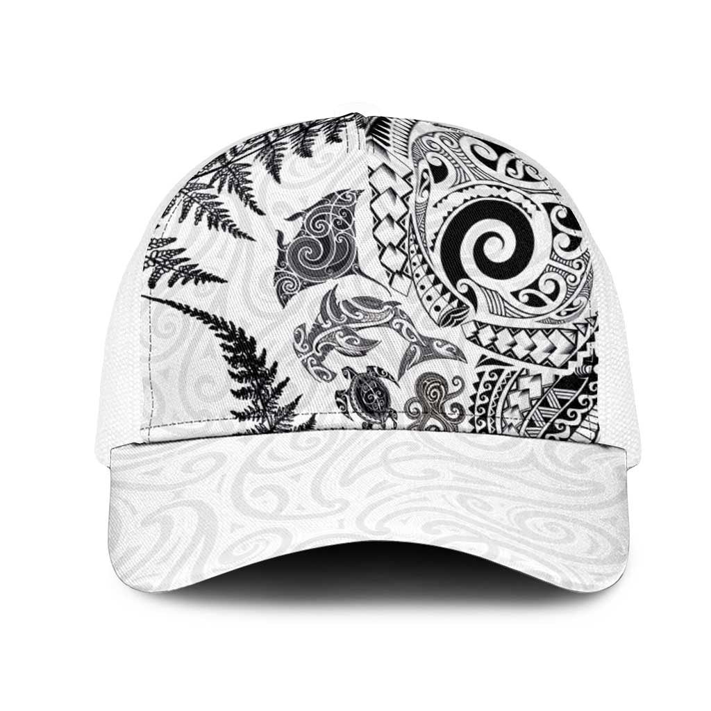 New Zealand Sea Animals Mesh Trucker Cap with Maori Koru Tribal Tattoo and Silver Ferns White Color