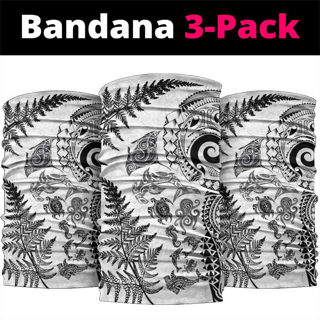 New Zealand Sea Animals Neck Gaiter with Maori Koru Tribal Tattoo and Silver Ferns White Color