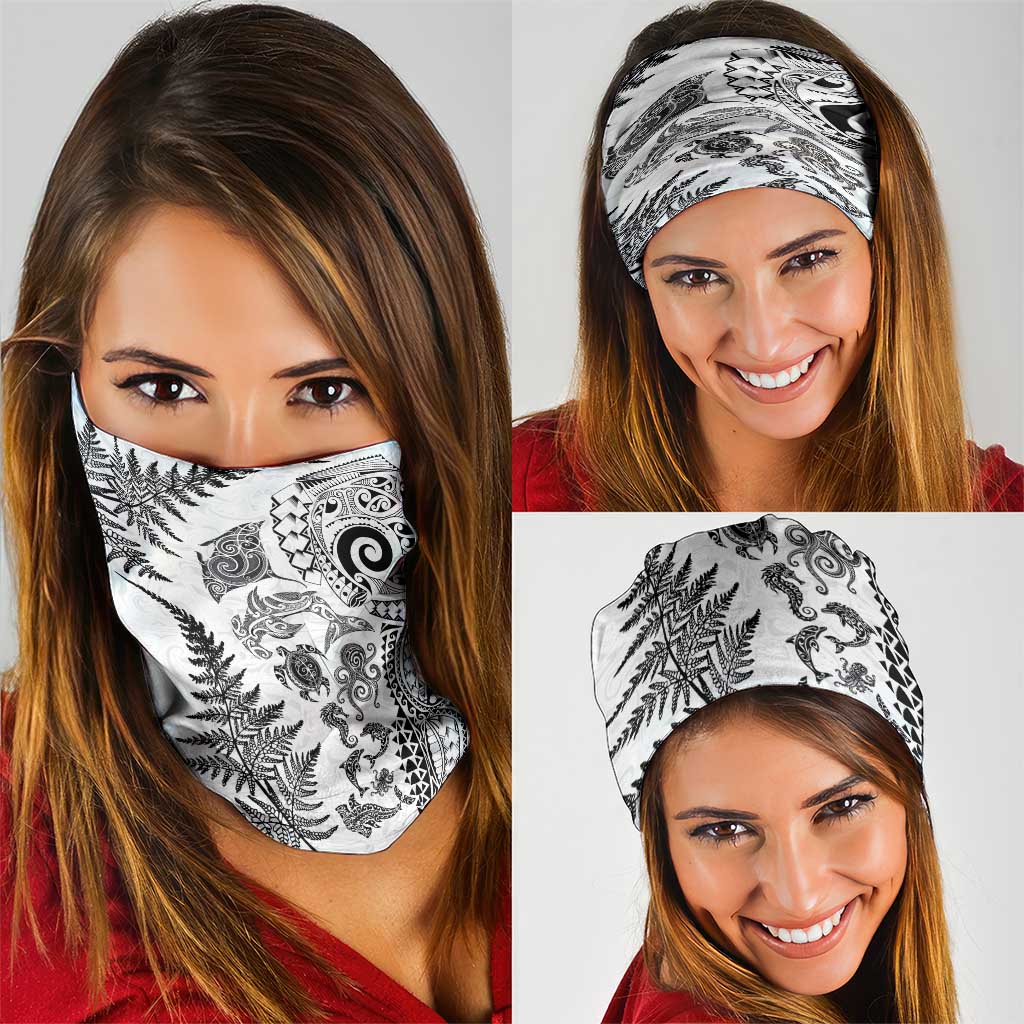 New Zealand Sea Animals Neck Gaiter with Maori Koru Tribal Tattoo and Silver Ferns White Color