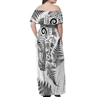 New Zealand Sea Animals Off Shoulder Maxi Dress with Maori Koru Tribal Tattoo and Silver Ferns White Color