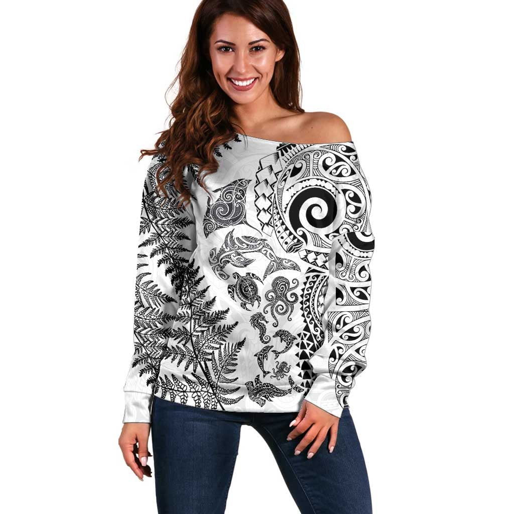 New Zealand Sea Animals Off Shoulder Sweater with Maori Koru Tribal Tattoo and Silver Ferns White Color