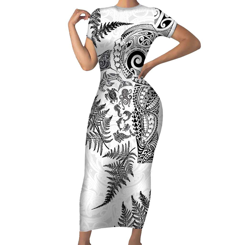 New Zealand Sea Animals Short Sleeve Bodycon Dress with Maori Koru Tribal Tattoo and Silver Ferns White Color