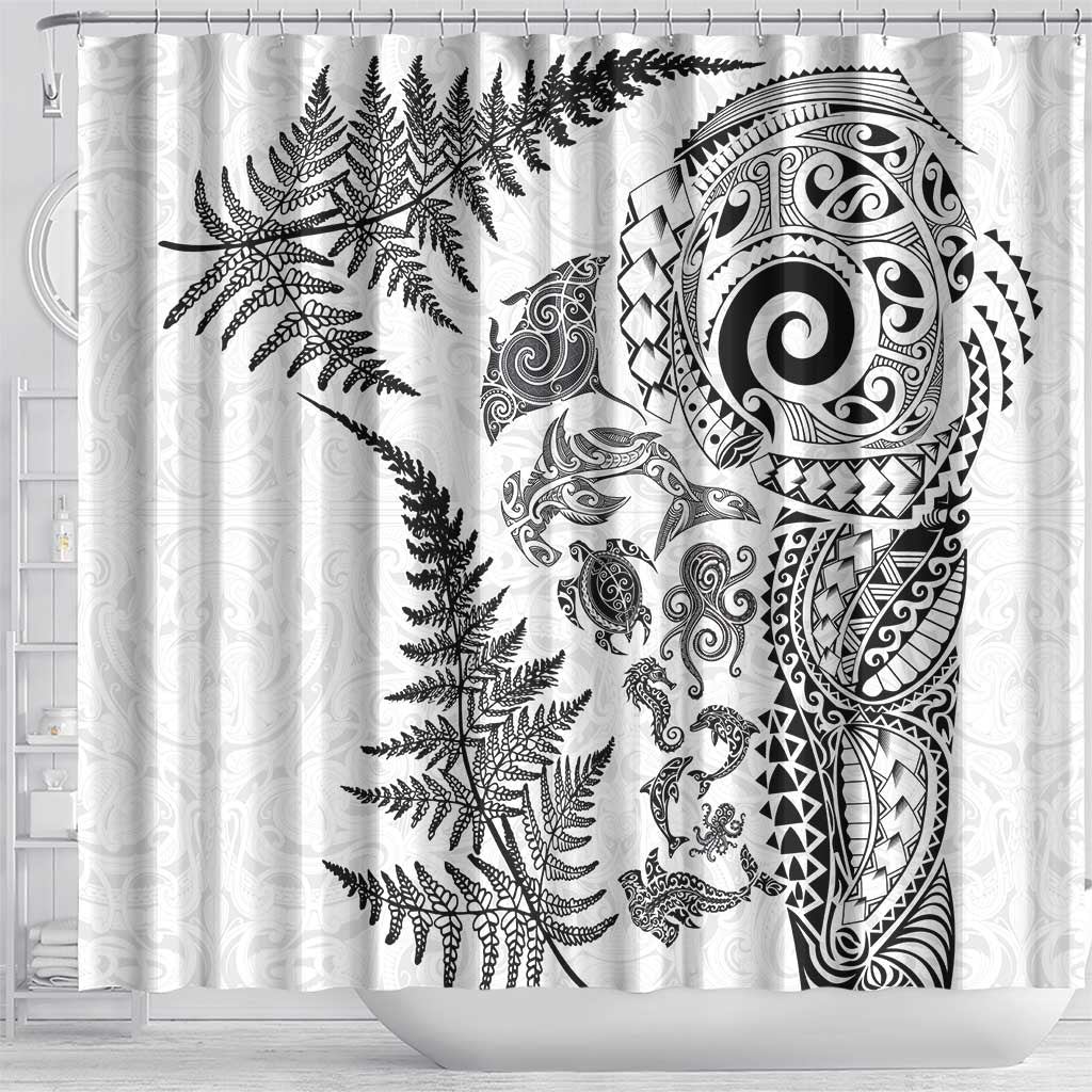 New Zealand Sea Animals Shower Curtain with Maori Koru Tribal Tattoo and Silver Ferns White Color