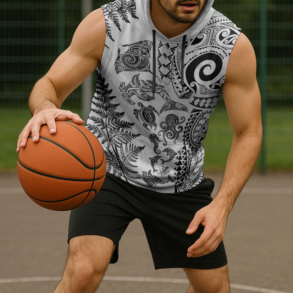 New Zealand Sea Animals Sleeveless Hoodie with Maori Koru Tribal Tattoo and Silver Ferns White Color