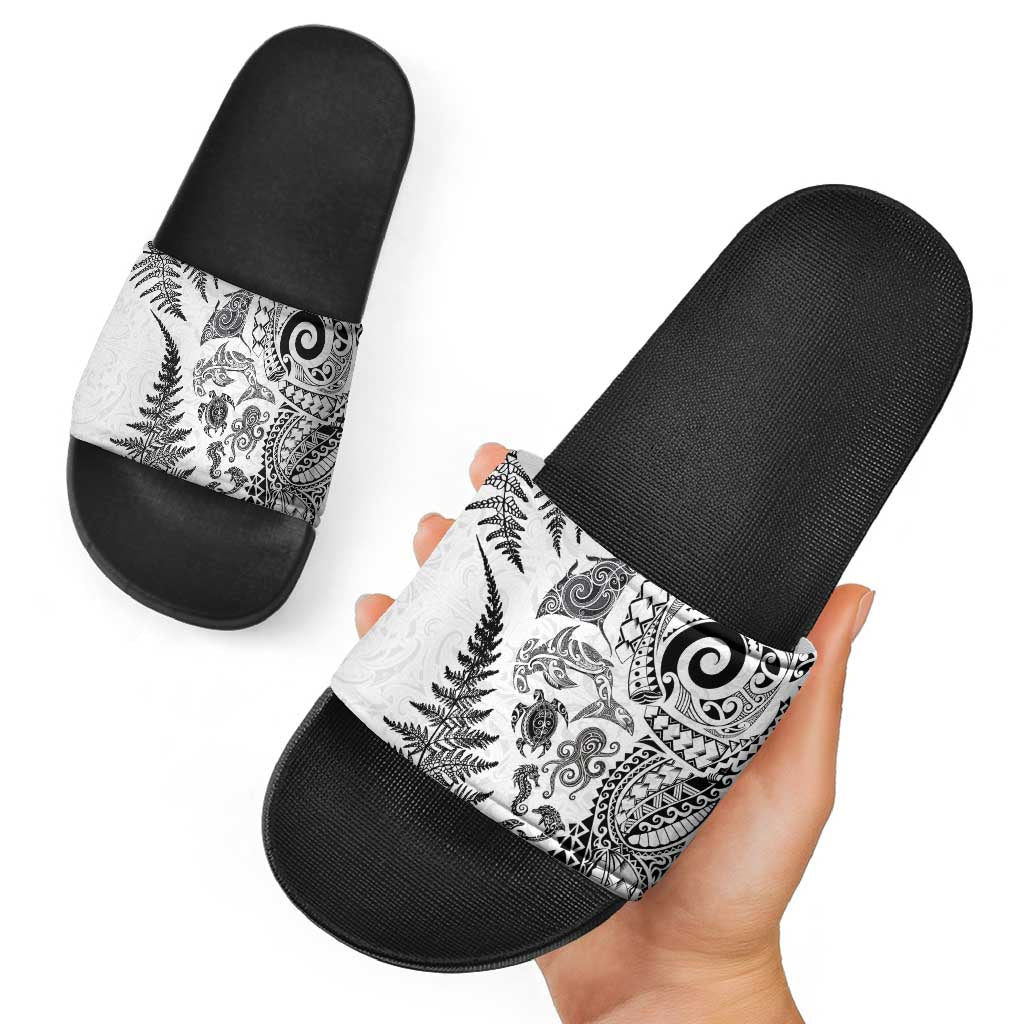 New Zealand Sea Animals Slide Sandals with Maori Koru Tribal Tattoo and Silver Ferns White Color