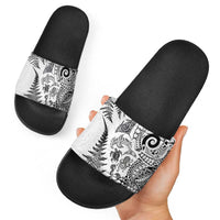New Zealand Sea Animals Slide Sandals with Maori Koru Tribal Tattoo and Silver Ferns White Color