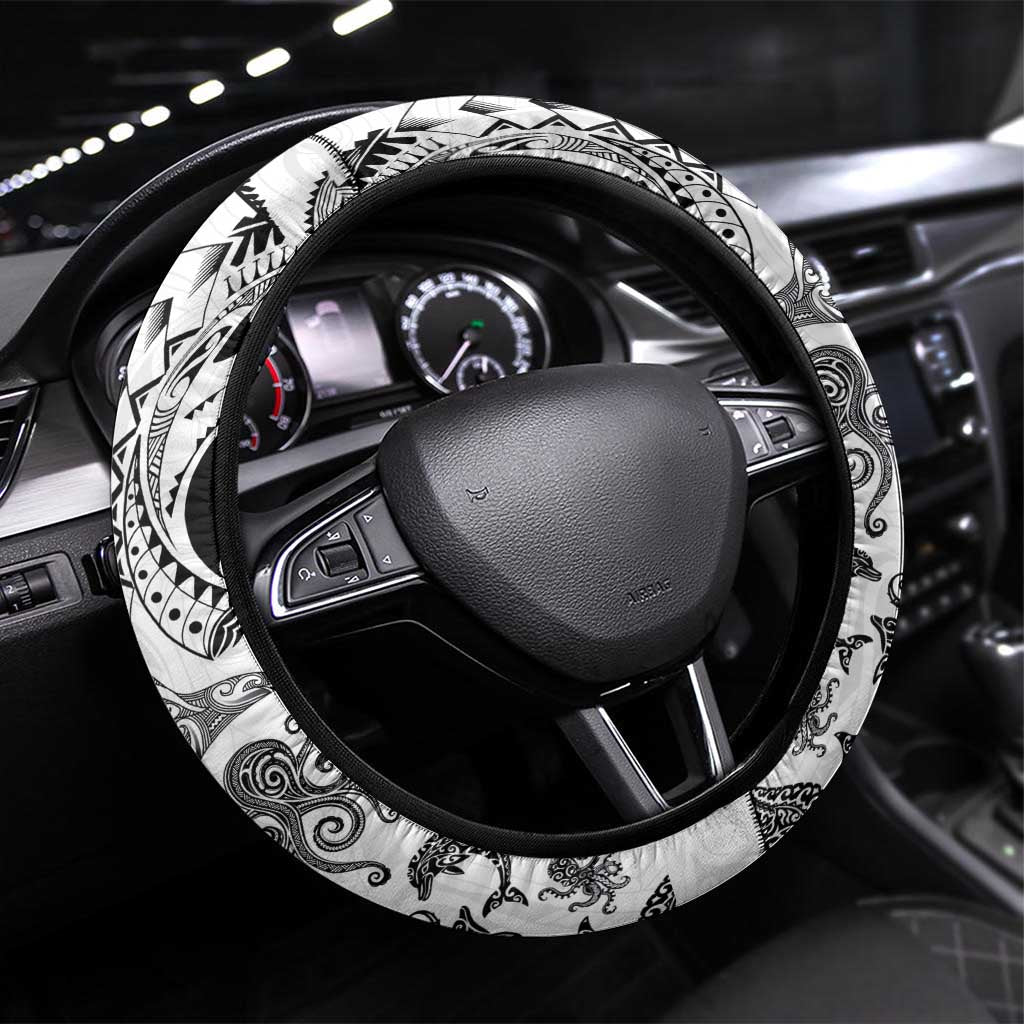 New Zealand Sea Animals Steering Wheel Cover with Maori Koru Tribal Tattoo and Silver Ferns White Color