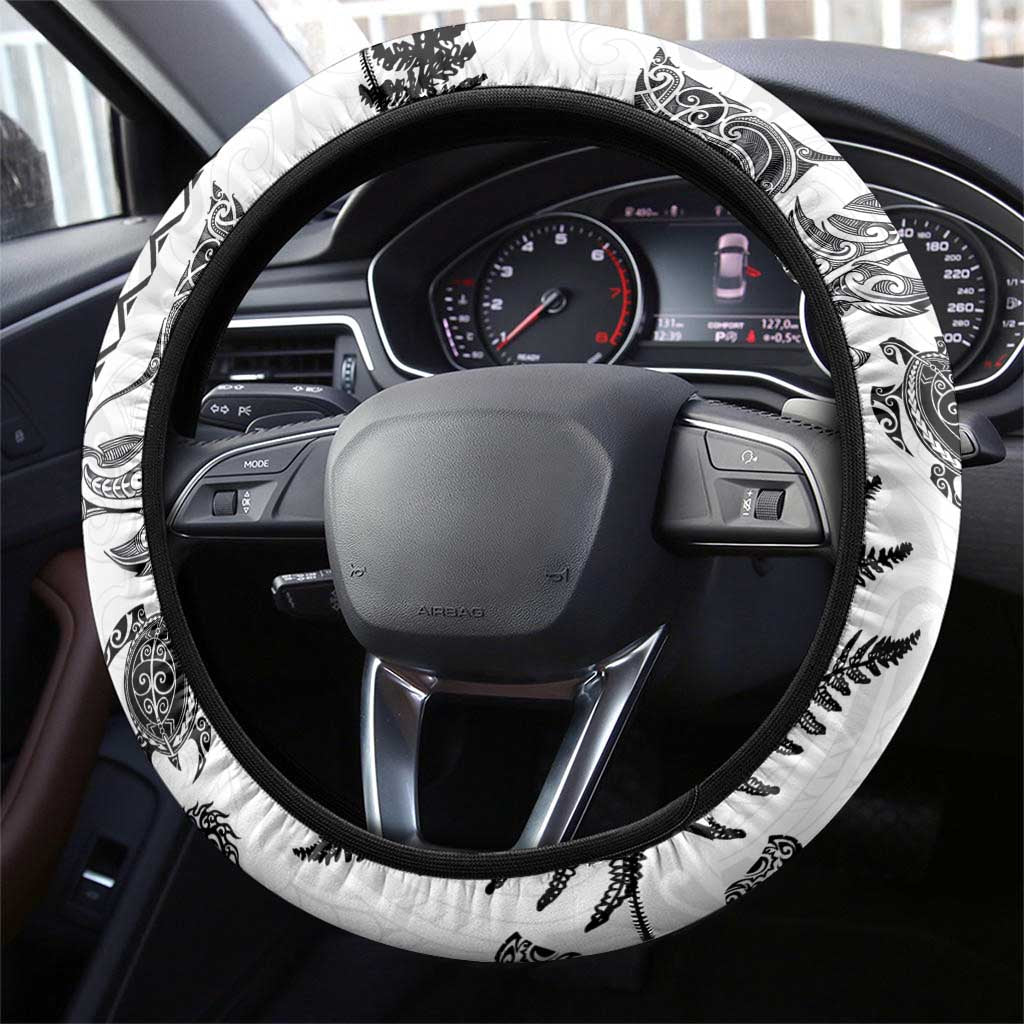 New Zealand Sea Animals Steering Wheel Cover with Maori Koru Tribal Tattoo and Silver Ferns White Color