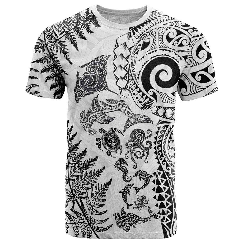 New Zealand Sea Animals T Shirt with Maori Koru Tribal Tattoo and Silver Ferns White Color