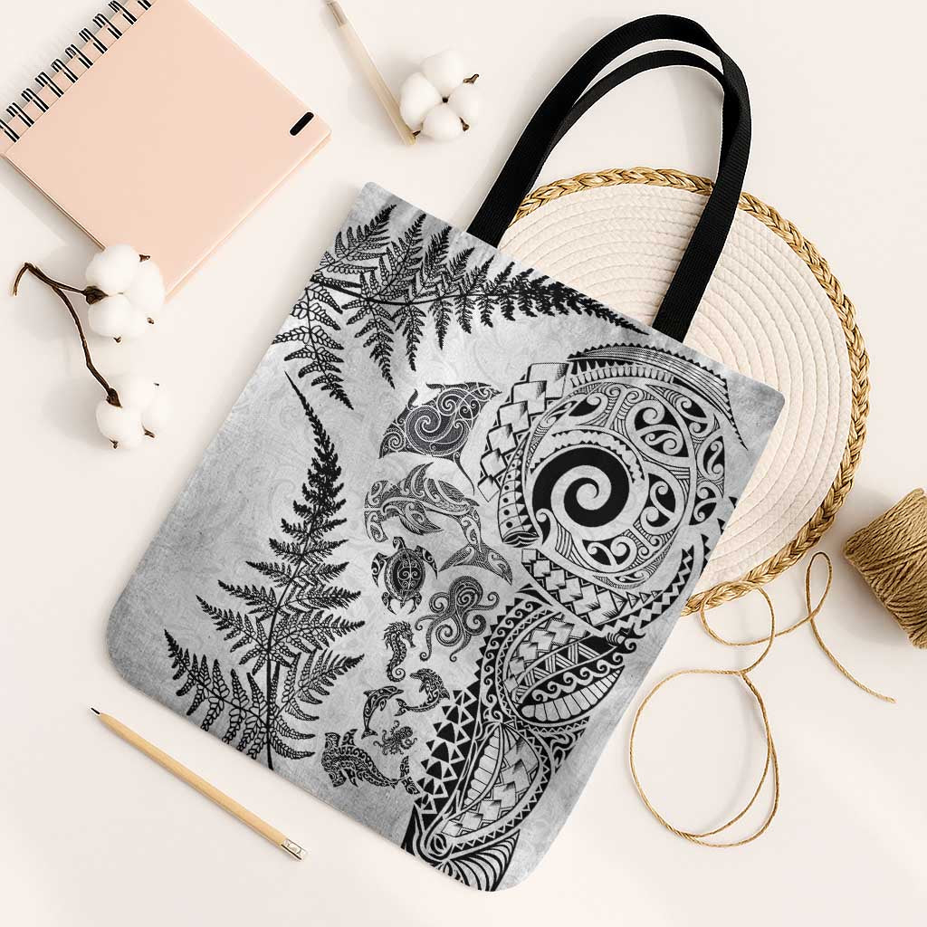 New Zealand Sea Animals Tote Bag with Maori Koru Tribal Tattoo and Silver Ferns White Color LT03 Black Strap One Size White - Polynesian Pride