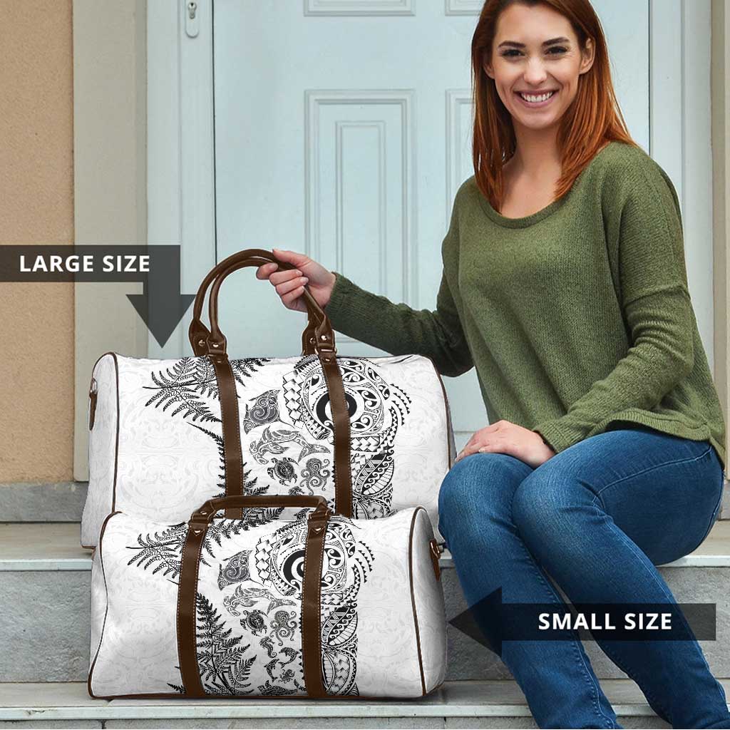 New Zealand Sea Animals Travel Bag with Maori Koru Tribal Tattoo and Silver Ferns White Color