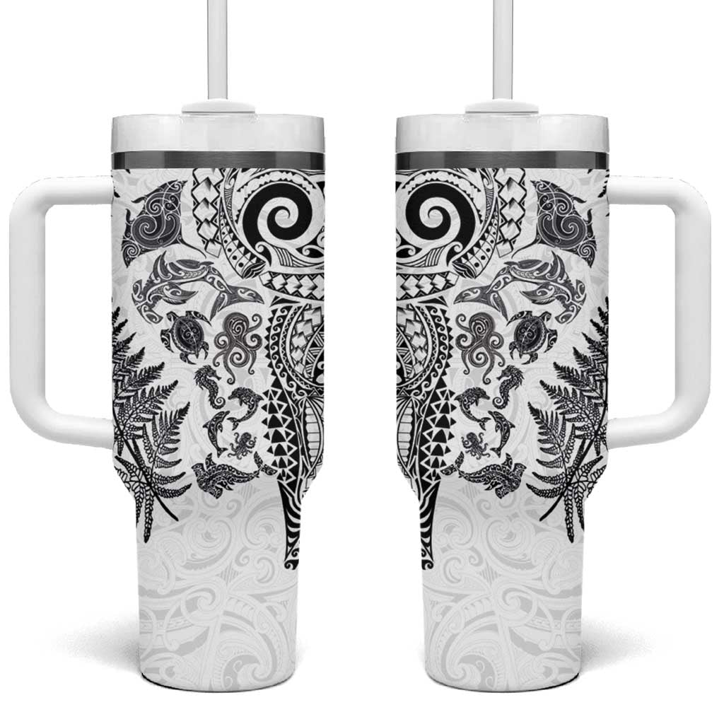 New Zealand Sea Animals Tumbler With Handle with Maori Koru Tribal Tattoo and Silver Ferns White Color