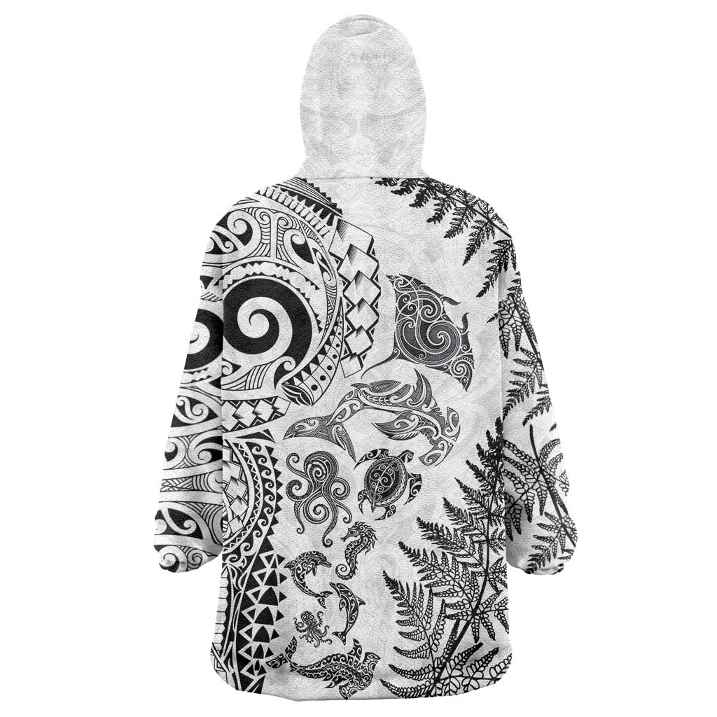 New Zealand Sea Animals Wearable Blanket Hoodie with Maori Koru Tribal Tattoo and Silver Ferns White Color