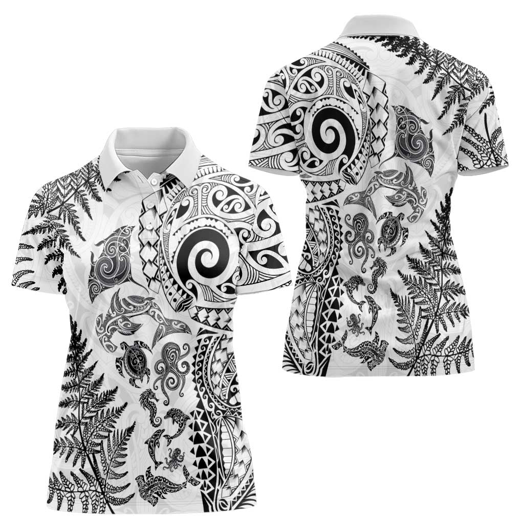 New Zealand Sea Animals Women Polo Shirt with Maori Koru Tribal Tattoo and Silver Ferns White Color