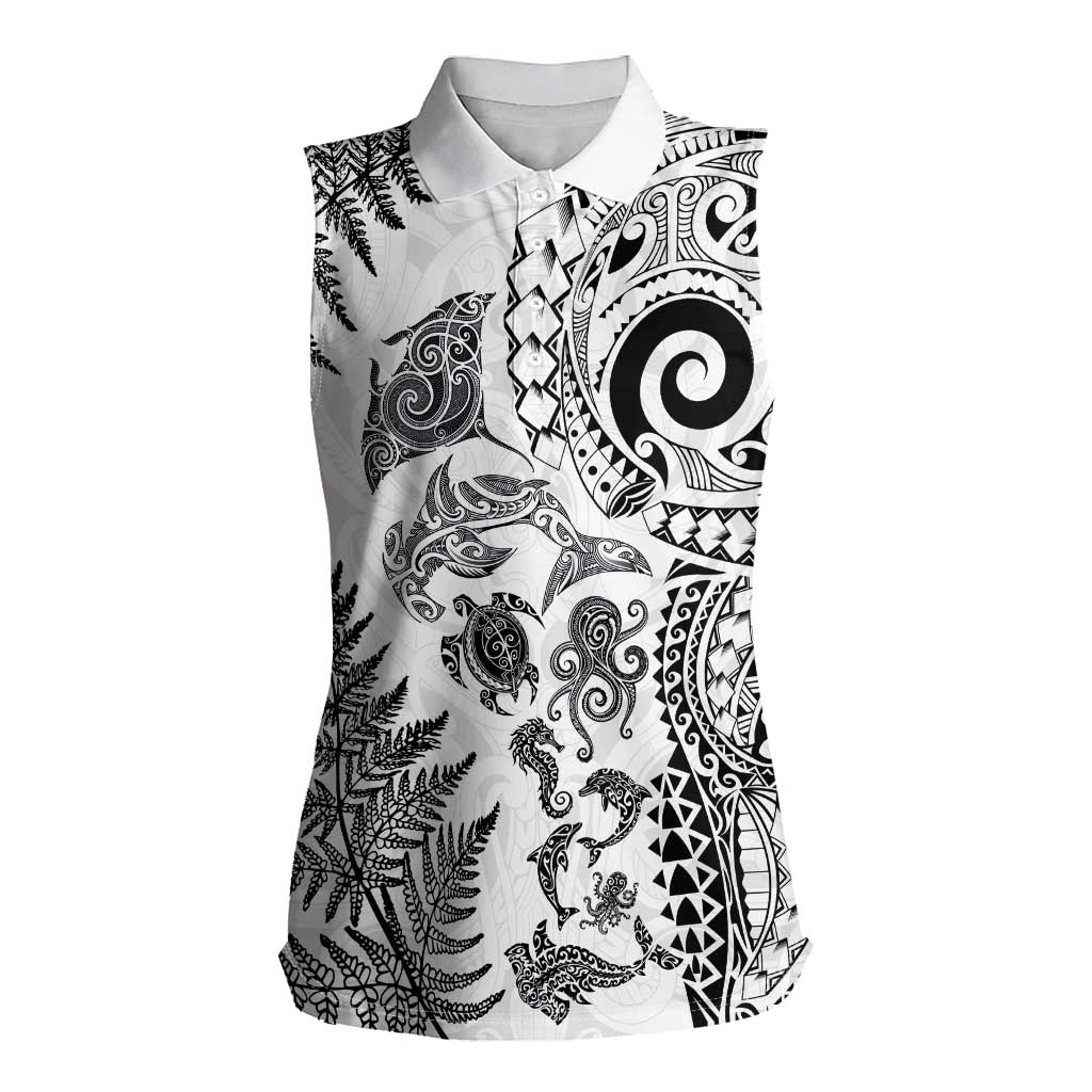 New Zealand Sea Animals Women Sleeveless Polo Shirt with Maori Koru Tribal Tattoo and Silver Ferns White Color