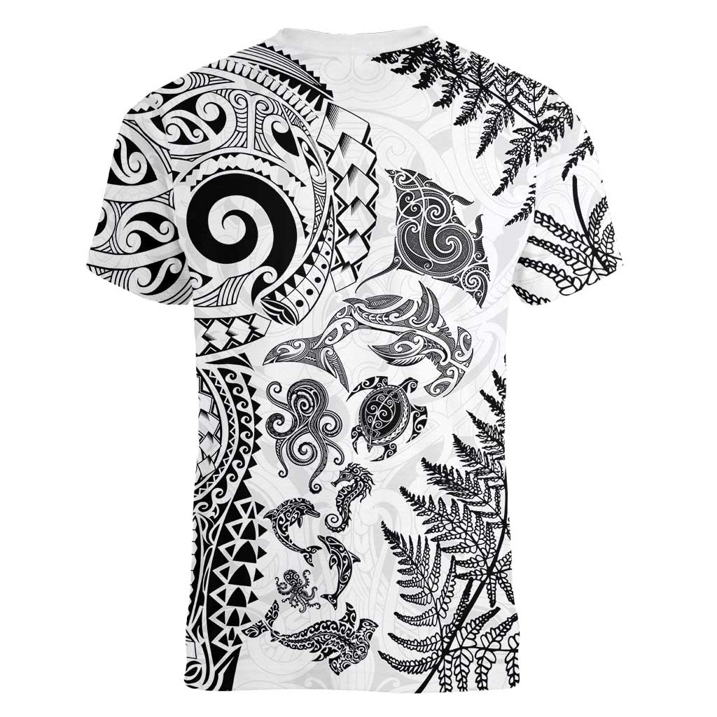 New Zealand Sea Animals Women V-Neck T-Shirt with Maori Koru Tribal Tattoo and Silver Ferns White Color