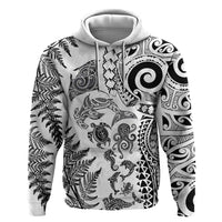 New Zealand Sea Animals Zip Hoodie with Maori Koru Tribal Tattoo and Silver Ferns White Color