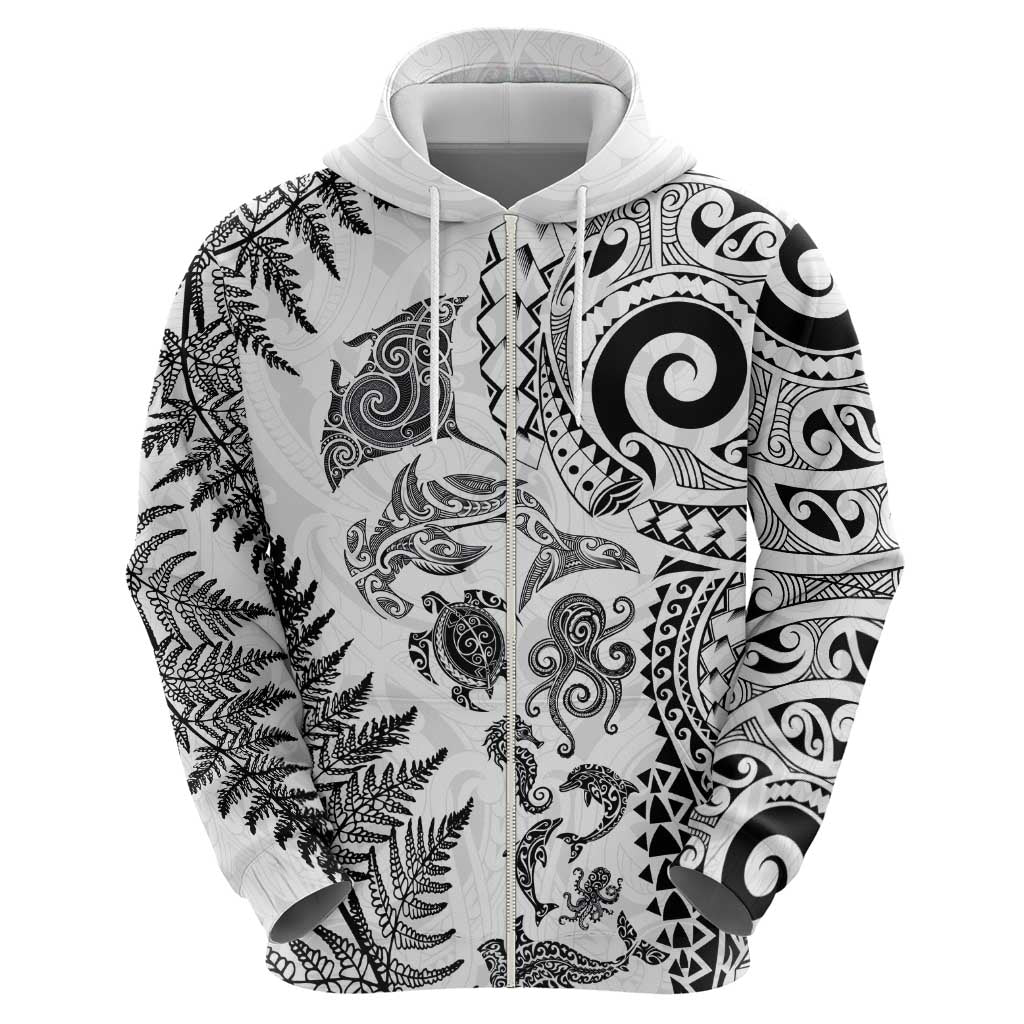 New Zealand Sea Animals Zip Hoodie with Maori Koru Tribal Tattoo and Silver Ferns White Color