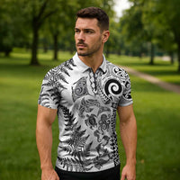 New Zealand Sea Animals Zipper Polo Shirt with Maori Koru Tribal Tattoo and Silver Ferns White Color