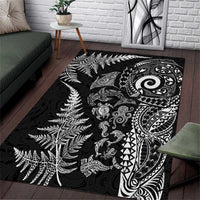 New Zealand Sea Animals Area Rug with Maori Koru Tribal Tattoo and Silver Ferns Black Color