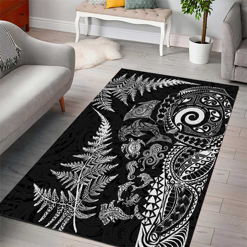 New Zealand Sea Animals Area Rug with Maori Koru Tribal Tattoo and Silver Ferns Black Color