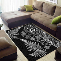 New Zealand Sea Animals Area Rug with Maori Koru Tribal Tattoo and Silver Ferns Black Color
